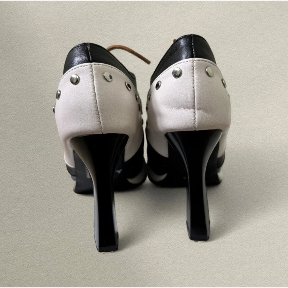 Japanese Style Platform Oxford Heels Stud‎ Detail Lace Up Mod Black White Size 6